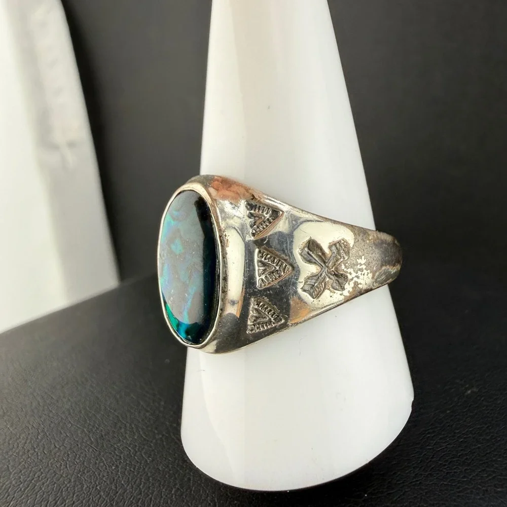 Vintage Abalone Ring Silver Tone Oval Green Blue Signet Sz 10.5 READ
